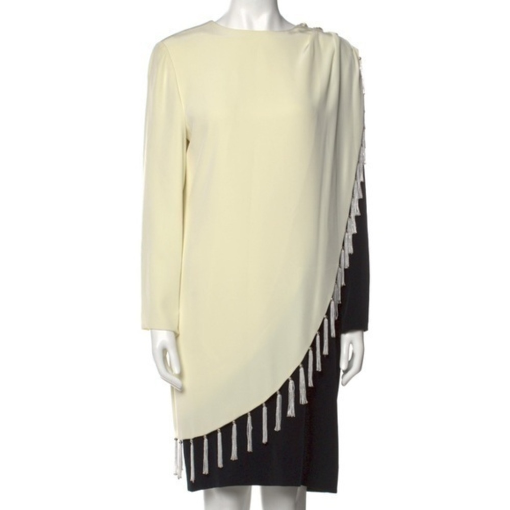 Bob Mackie Color Block Beaded Fringe Long Sleeve Shift Dress
